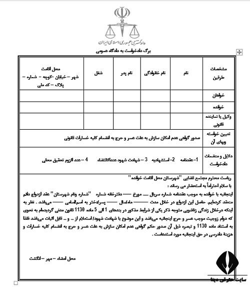 نمونه دادخواست طلاق بر مبنای عسر و حرج زوجه